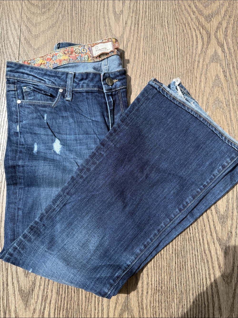 Vintage PAIGE Dark Blue Flare Jeans with Faded & Distressed Details